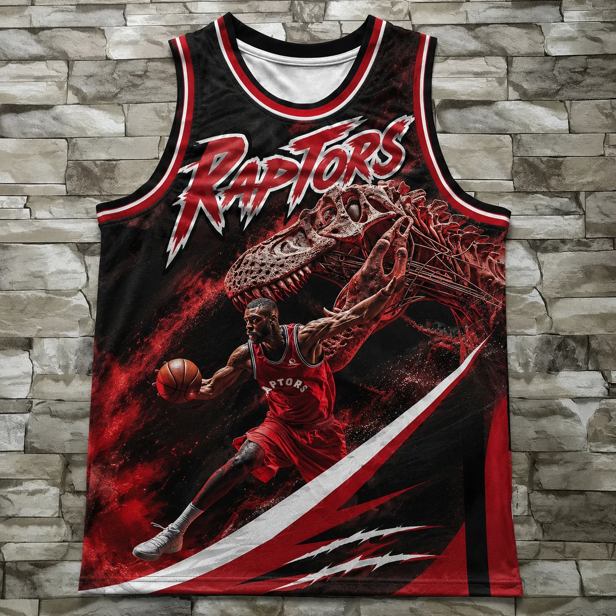 Camiseta de baloncesto Black Red Raptors con estampado de esqueleto de dinosaurio y jugador, camiseta sin mangas de malla, chaleco de entrenamiento deportivo retro para fanáticos