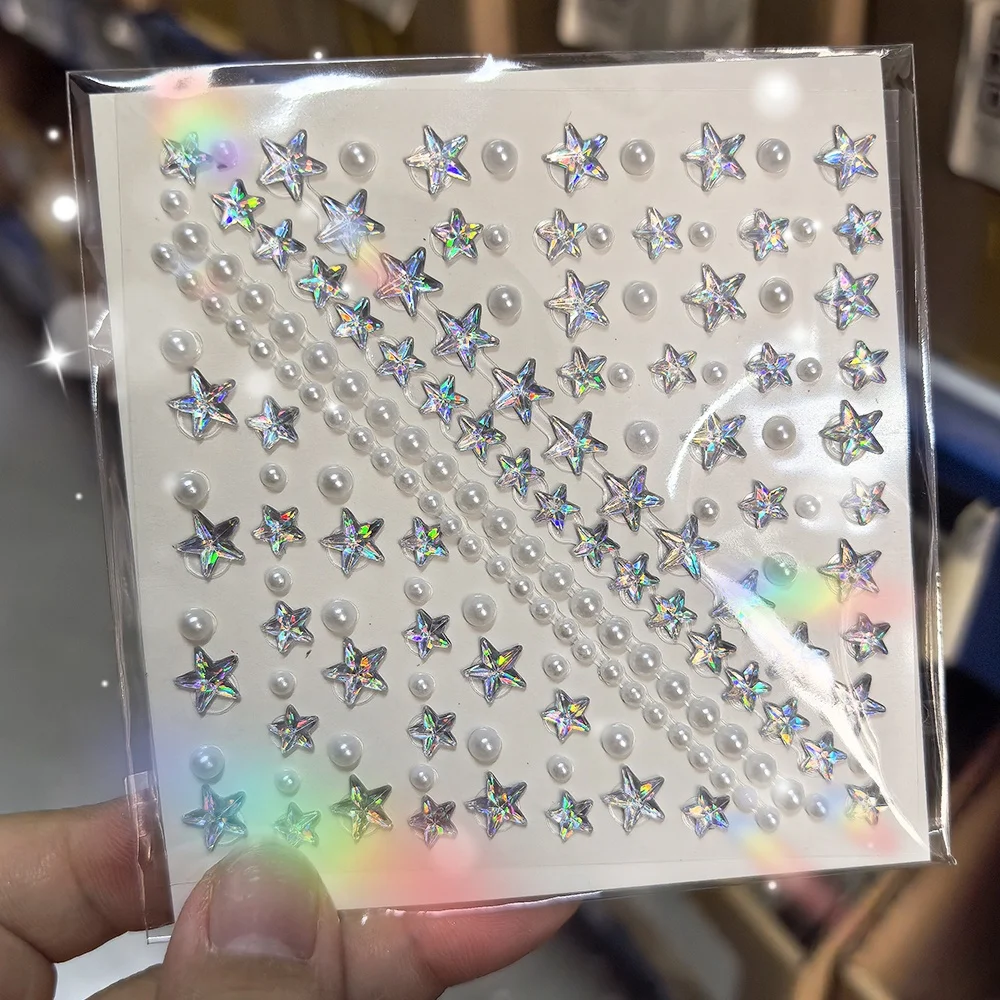 

1 шт., наклейки с бриллиантами и жемчугом для лица, разноцветные стразы смешанной формы для глаз/лица, клейкие наклейки для татуировок