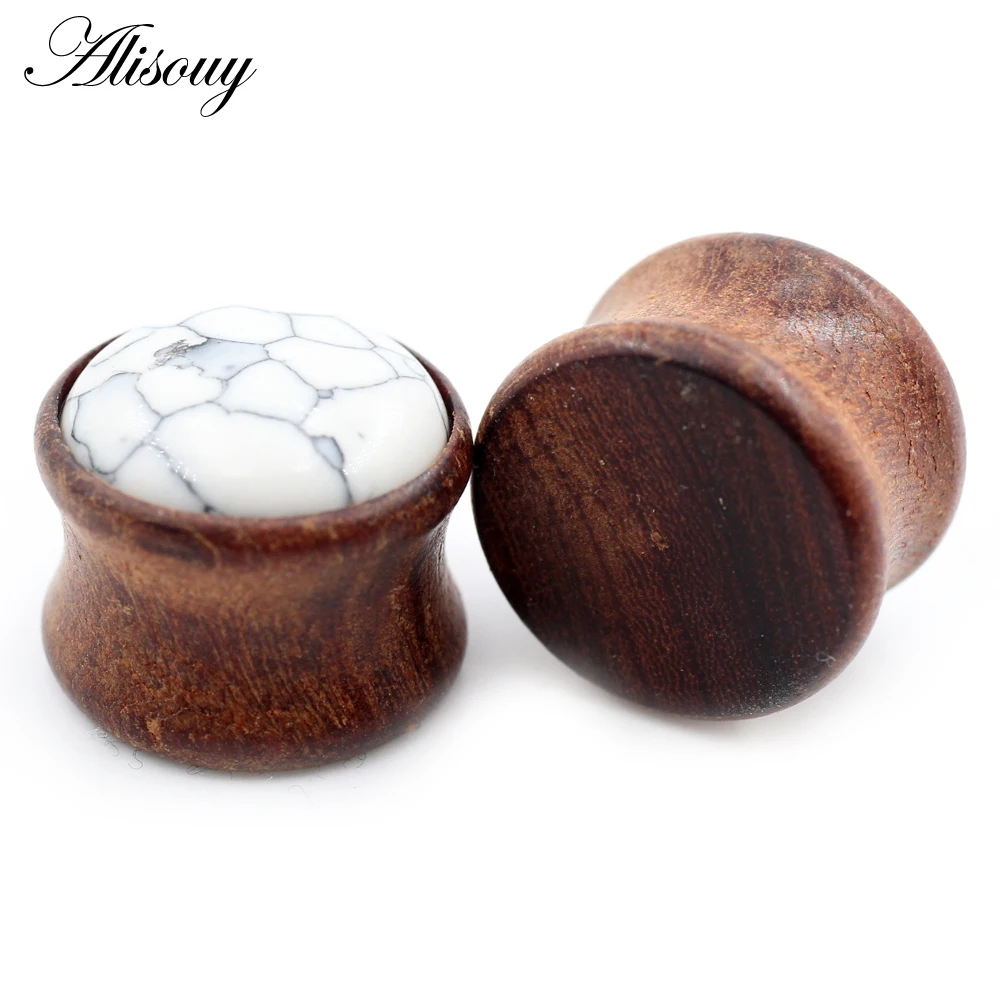 Alisouy 2PCS Natural Wood Opal Stone Flared Ear Plugs Tunnels Flesh Stretcher Guages Earrings Expander Piercing Body Jewelry