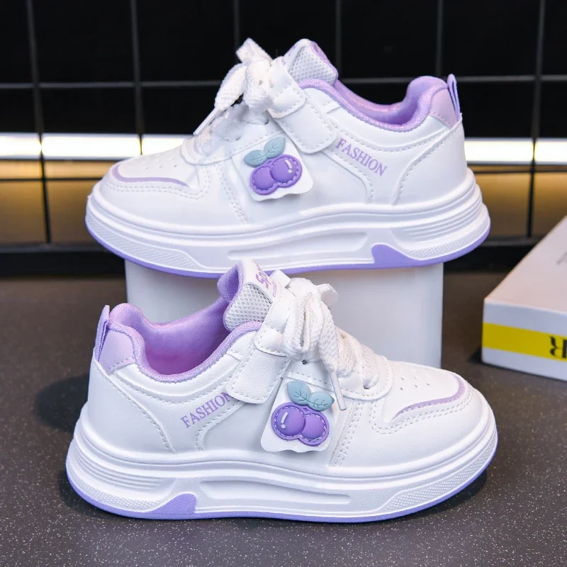 Girls PU Leather Skate Shoes Lovely Cherry Patch Magic Tape Thick Sole Easy‑Clean Children Casual Sneakers