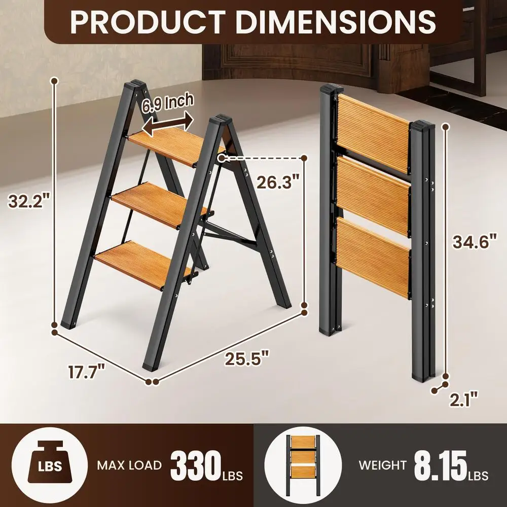Aluminum Folding Step Stool Anti-Slip Pedal Wide Stepladder 330Lbs Capacity Kitchen Home Maintenance Easy Storage Multi-Use