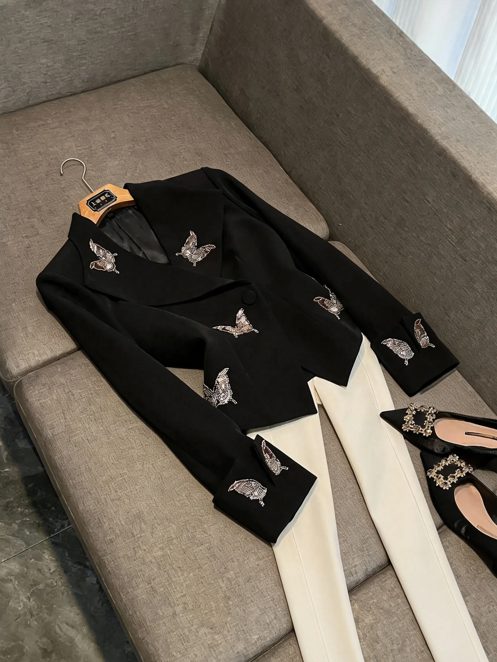 Elegant Black  Embroidery Suit Women's Notch Collar Double Button Slim Fit Trendy Style Casual Wear Office Ready