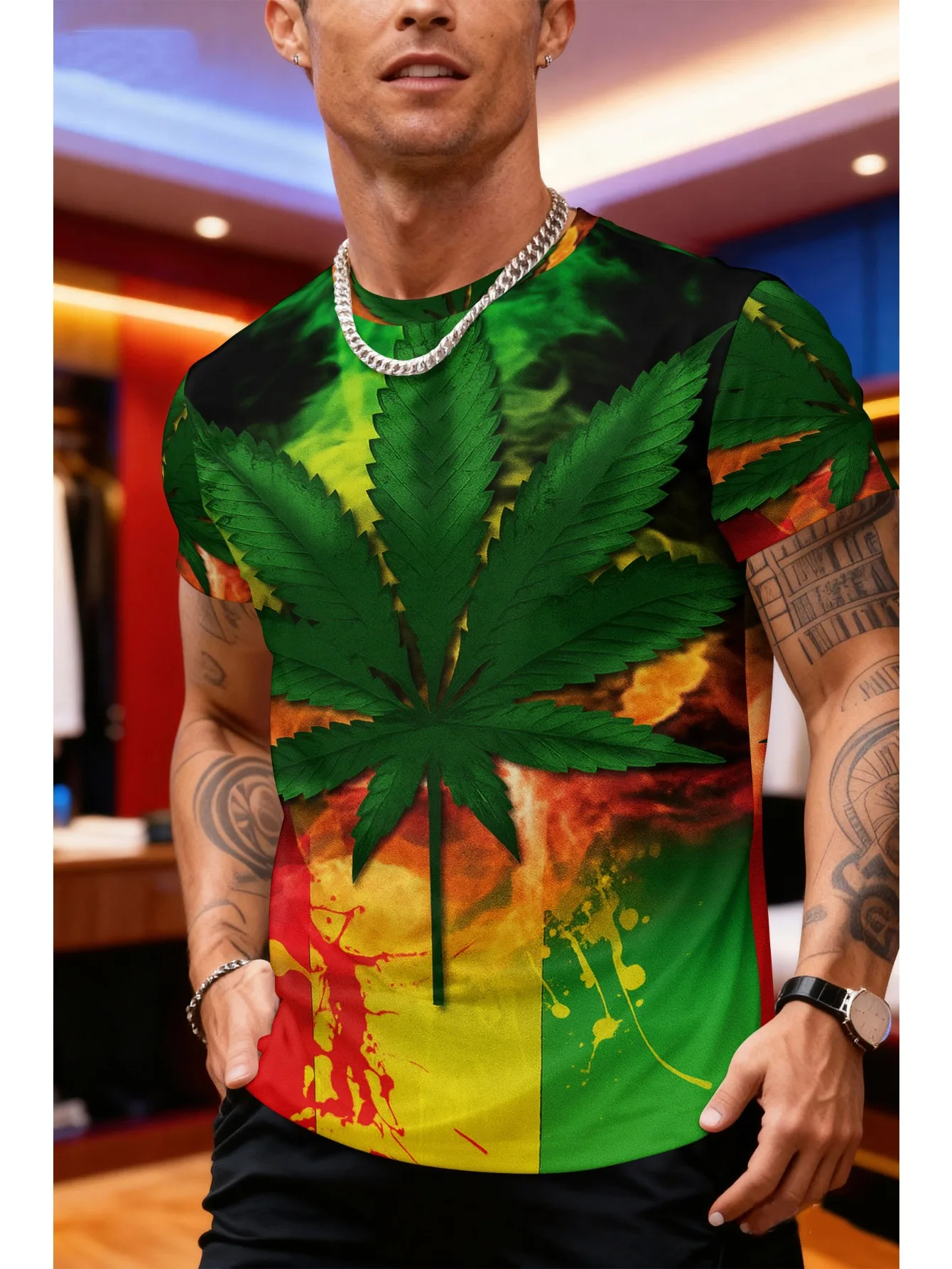 

Мужская футболка с 3D принтом листьев, жирный зеленый, желтый, красный, золотой дизайн листьев, мужская одежда, футболка с короткими рукавами и топом в стиле раста