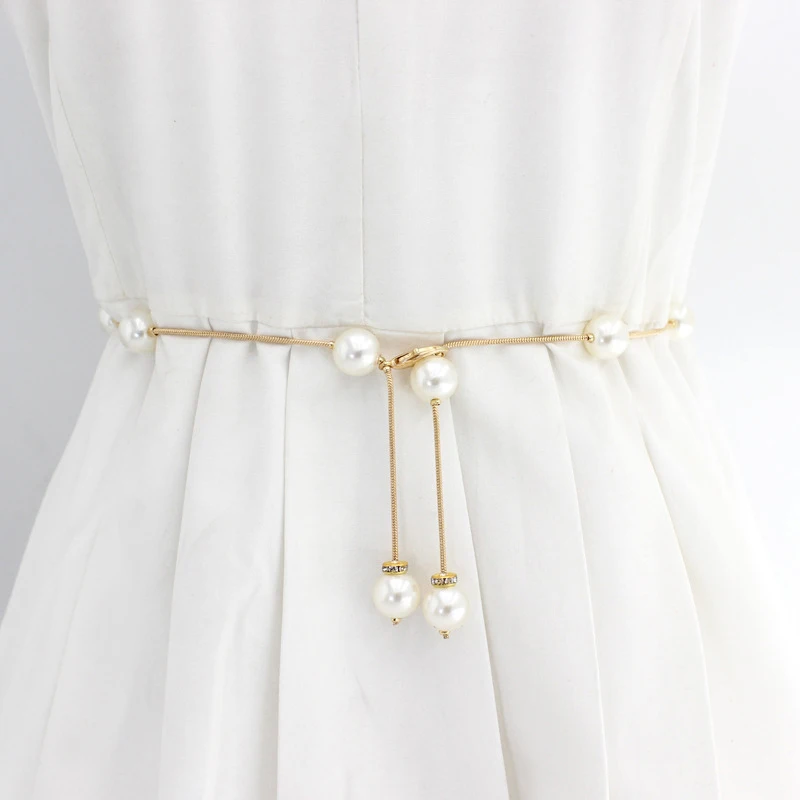 

Fashion Women Belt Pearl Decorative Metal Belt Beaded Hook Waist Chain Thin Waistband Dresses Sweater Decorative Female Ladies