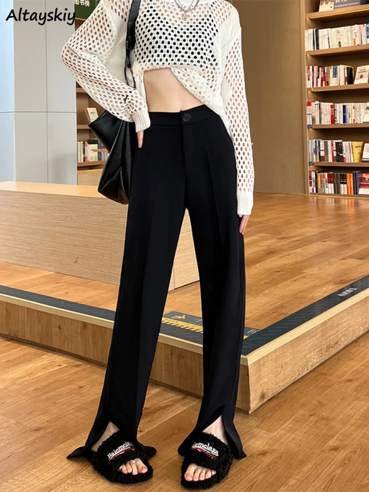 

Slit Pants Women Office Lady Mature Temperament Vintage Summer Thin Popular Casual High Waist Minimalist Korean Style Trousers