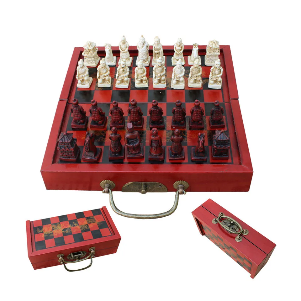 

Chess Figures Set Terra Cotta Warriors Chess Game Portable Carving Wooden Folding Chessboard Ancient Chess Set Family Board Game