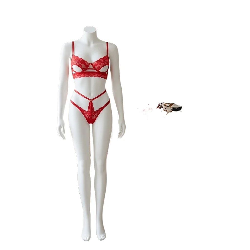 Women's Red Lace Lingerie Set 2 Piece Sexy Open Cup Shelf Bra and Strappy Cutout High Leg Panty for Valentine's Day Honeymoon