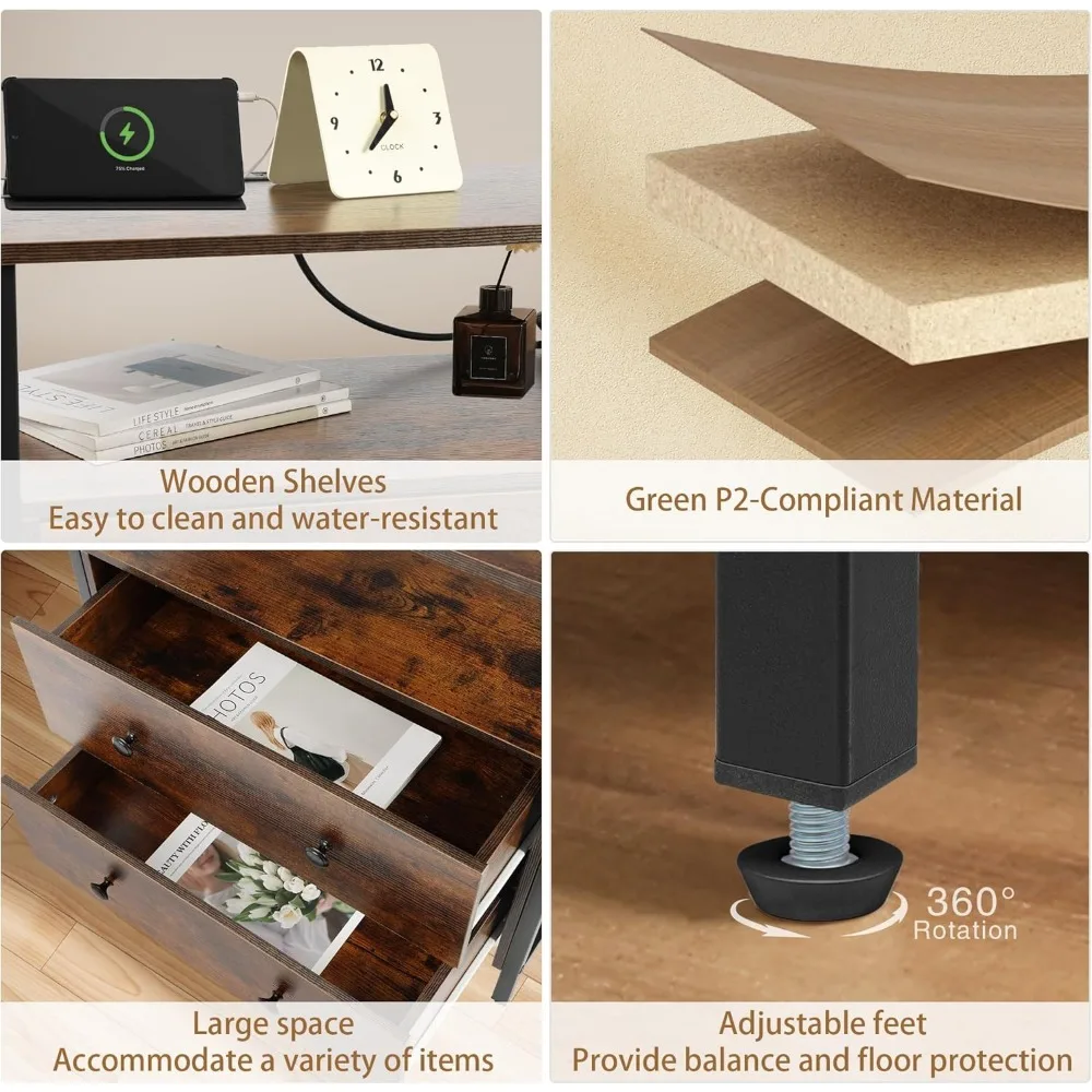 قاعدة شحن منضدة 27 عريضة، رف مفتوح ودرجين، طاولة خشبية صغيرة بجانب السرير، طاولة جانبية نهائية لغرفة النوم
