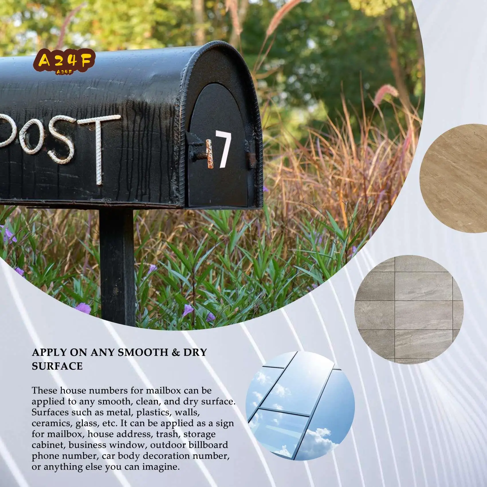 

A24F-номера почтового ящика для улицы, 10 комплектов светоотражающих наклеек с номерами 0-9 с липким язычком для удобного разделения подложки (2 дюйма)