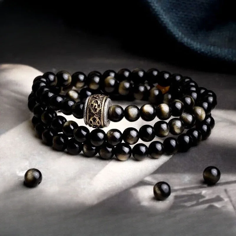 UMQ Original Natural Obsidian Bracelet Cat's Eye Black Bracelet Buddha Amulet 108 Pcs Couple Girlfriends Bracelet