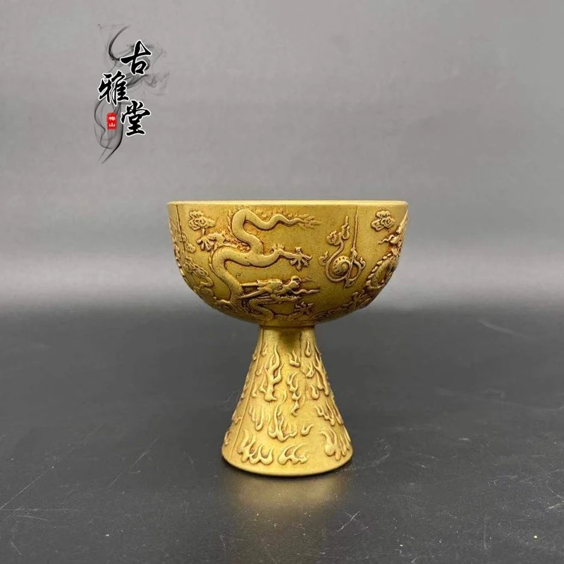 Antique Goblet, Vintage Playing with Pearls, Double Dragon High-Base , Offering Cup, Bronze Ornam