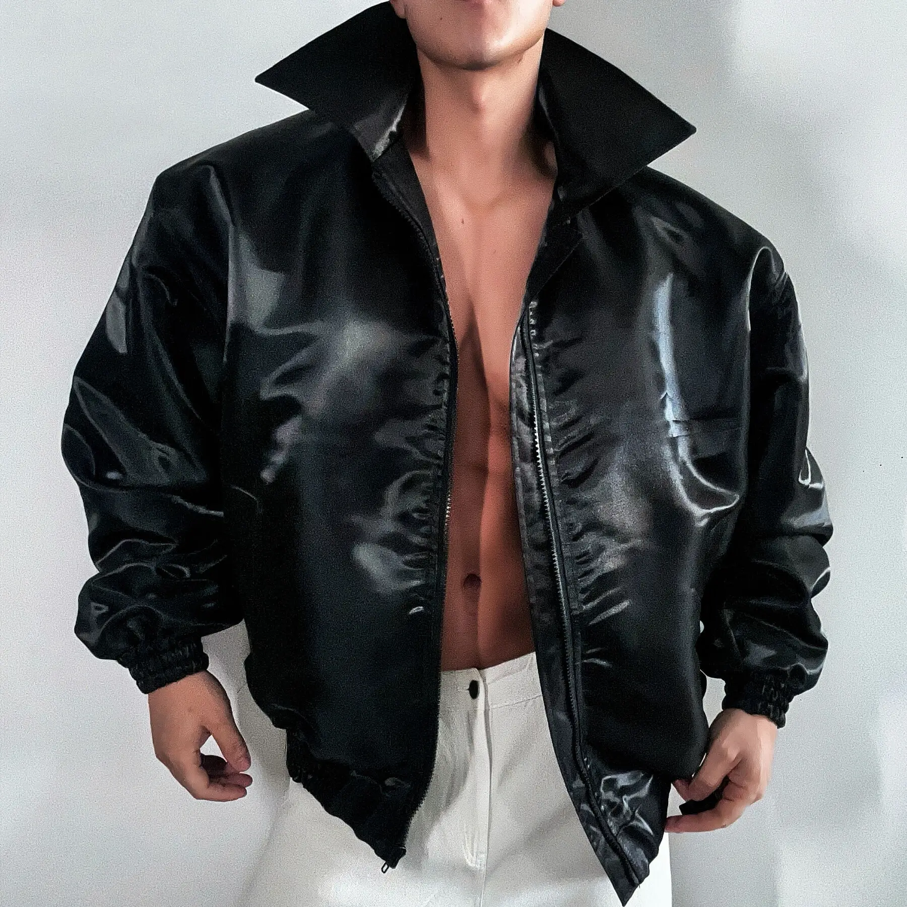 

Metal Glossy Pockets Men's Jackets Outdoor Fitness Male Plus Size Casual Party Club Outerwears Streetwear