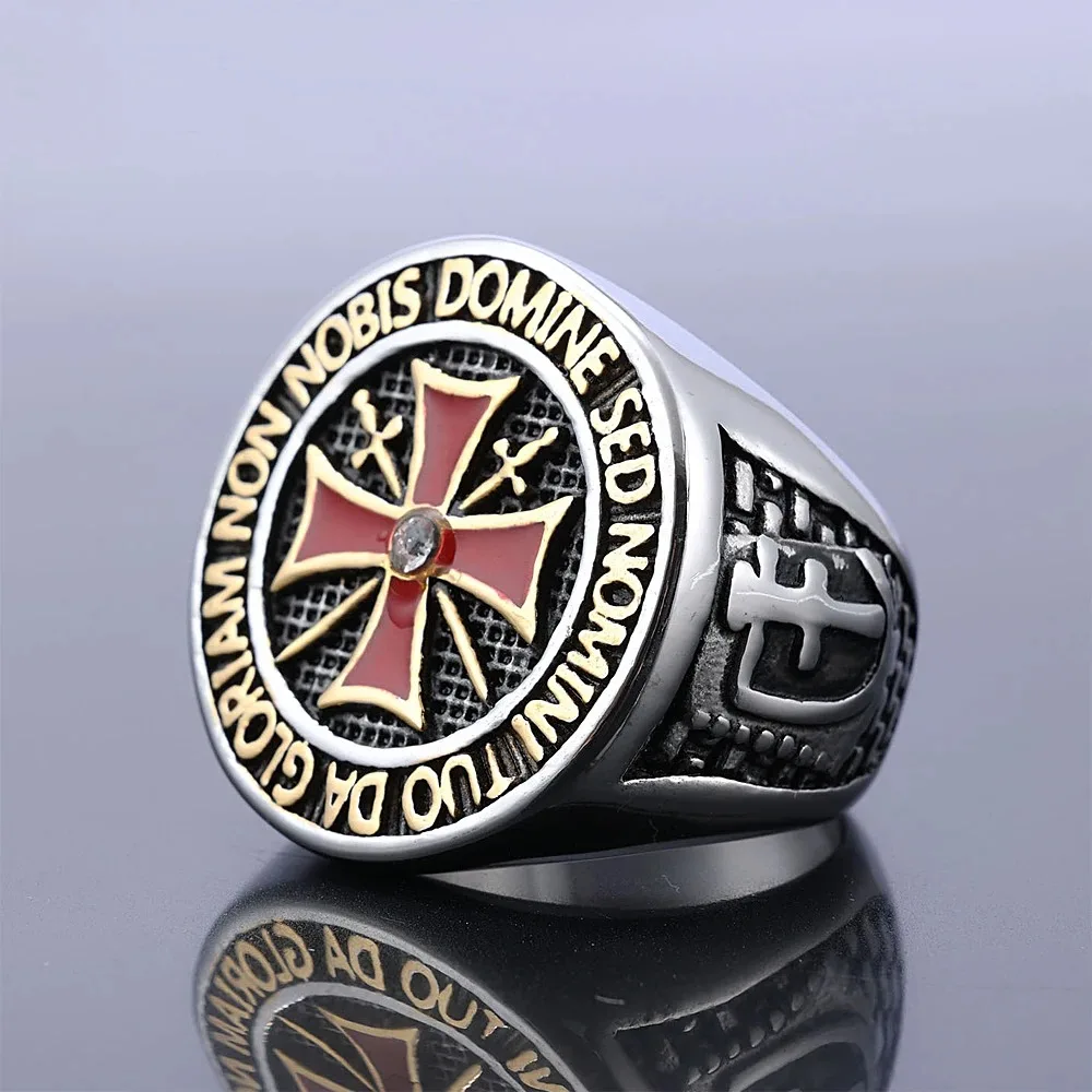 New Simple and Trendy European and American Red Cross Ring for Men, Domineering Templar Masonic Ring, Fashion Party Jewelry Gift