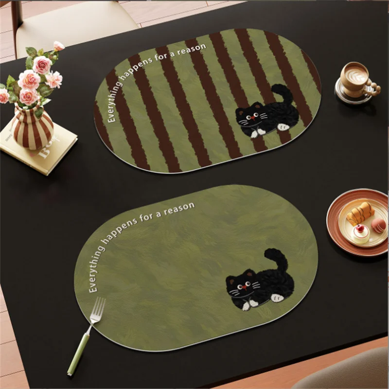 Retro Cartoon Cat And Dog Leather Placemat 30x45cm Waterproof Oil Resistant Table Mat Easy Maintenance Home Use Pet Cup Mat