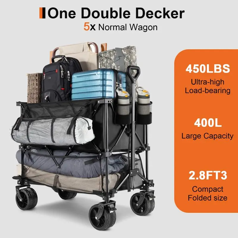 

Heavy Duty Folding Wagon Cart Double Decker 450lb Capacity Wheels Collapsible Utility Cart for Camping Sports Shopping