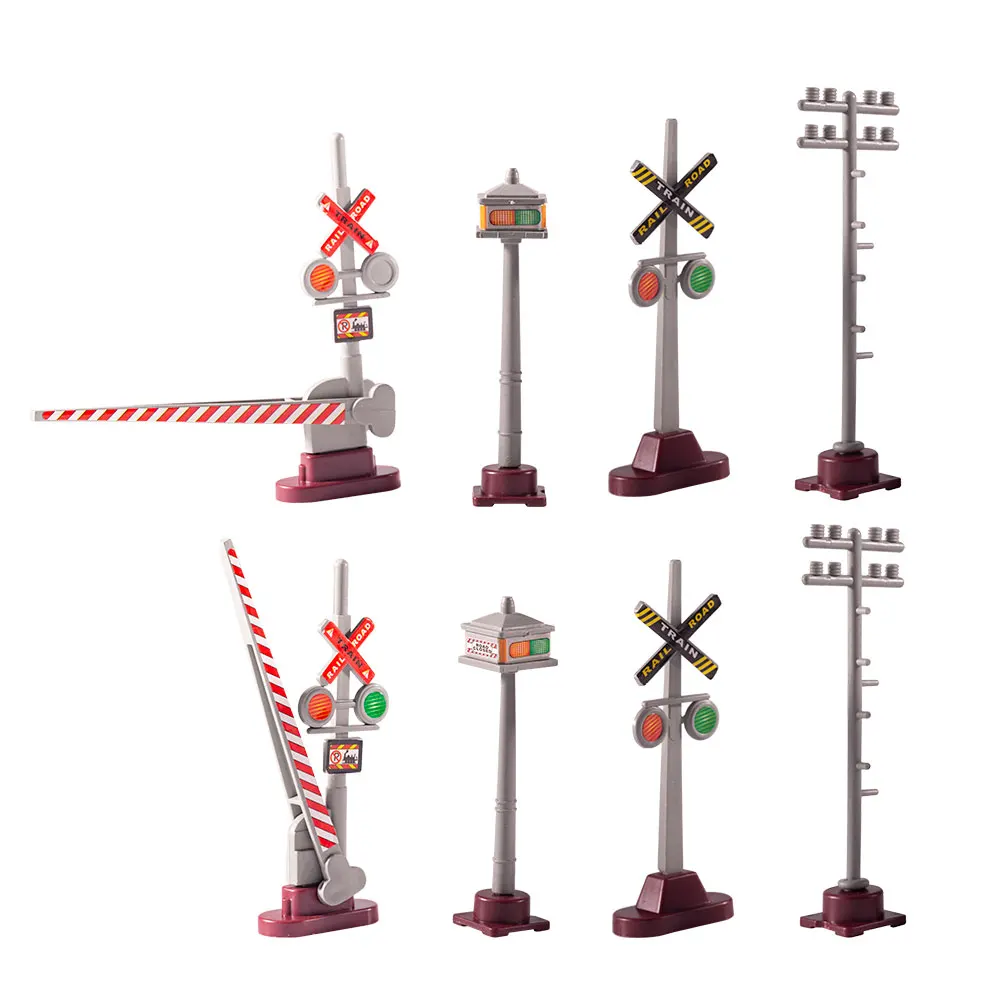 8pcs Railway Train Traffic Signs Model Toys ABS Plastic Traffic Lights Telephone Poles Collection Birthday Gift for Kids