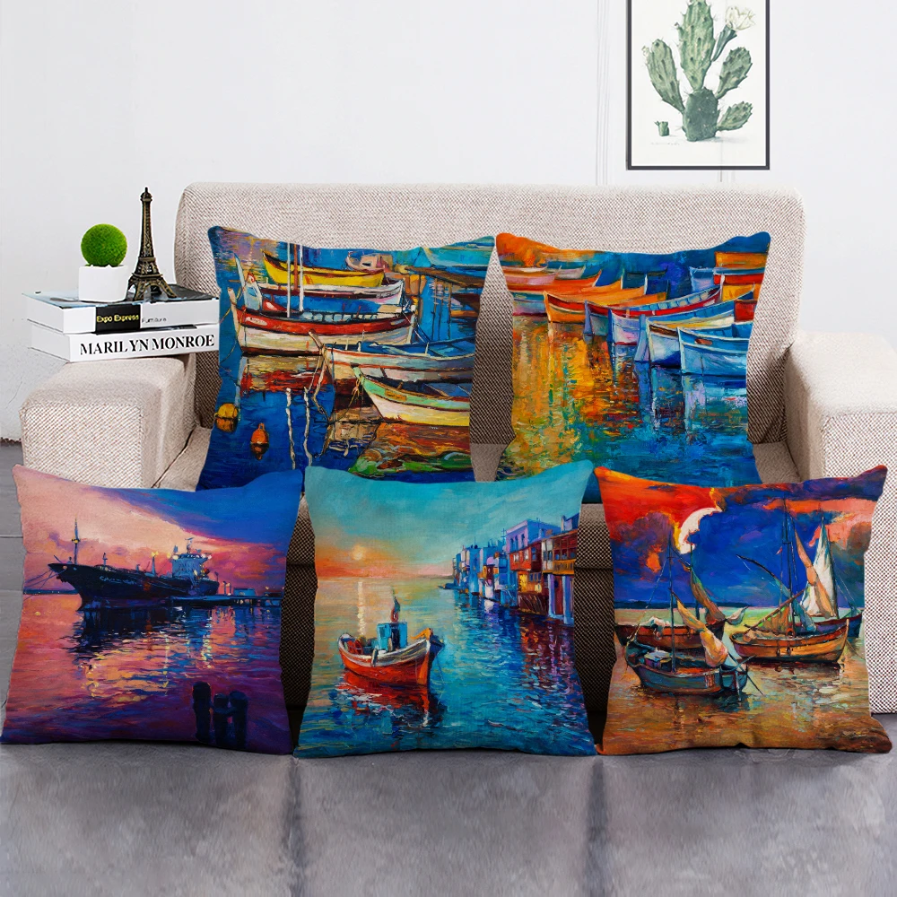 

Oil Painting Scenic Print Cushion Cover Sunset Seaside Little Sailing Boat Landscape Throw Pillow Case for Home Sofa Decor