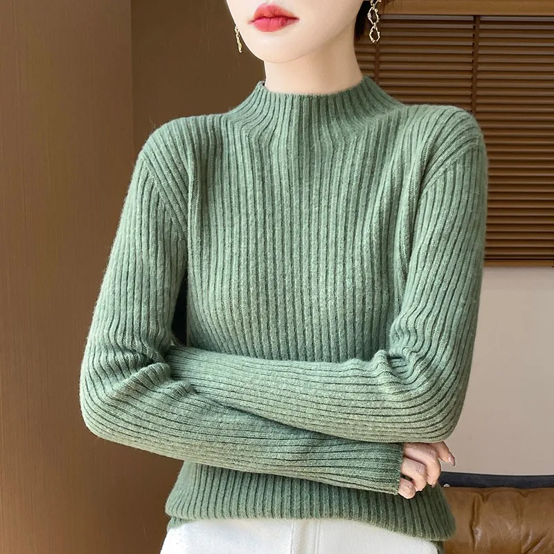 Thickened Seven-Needle Knitted Sweater Half-High Collar Women's Classic Fashionable Slimming Woolen Sweater Elegant Lady Style