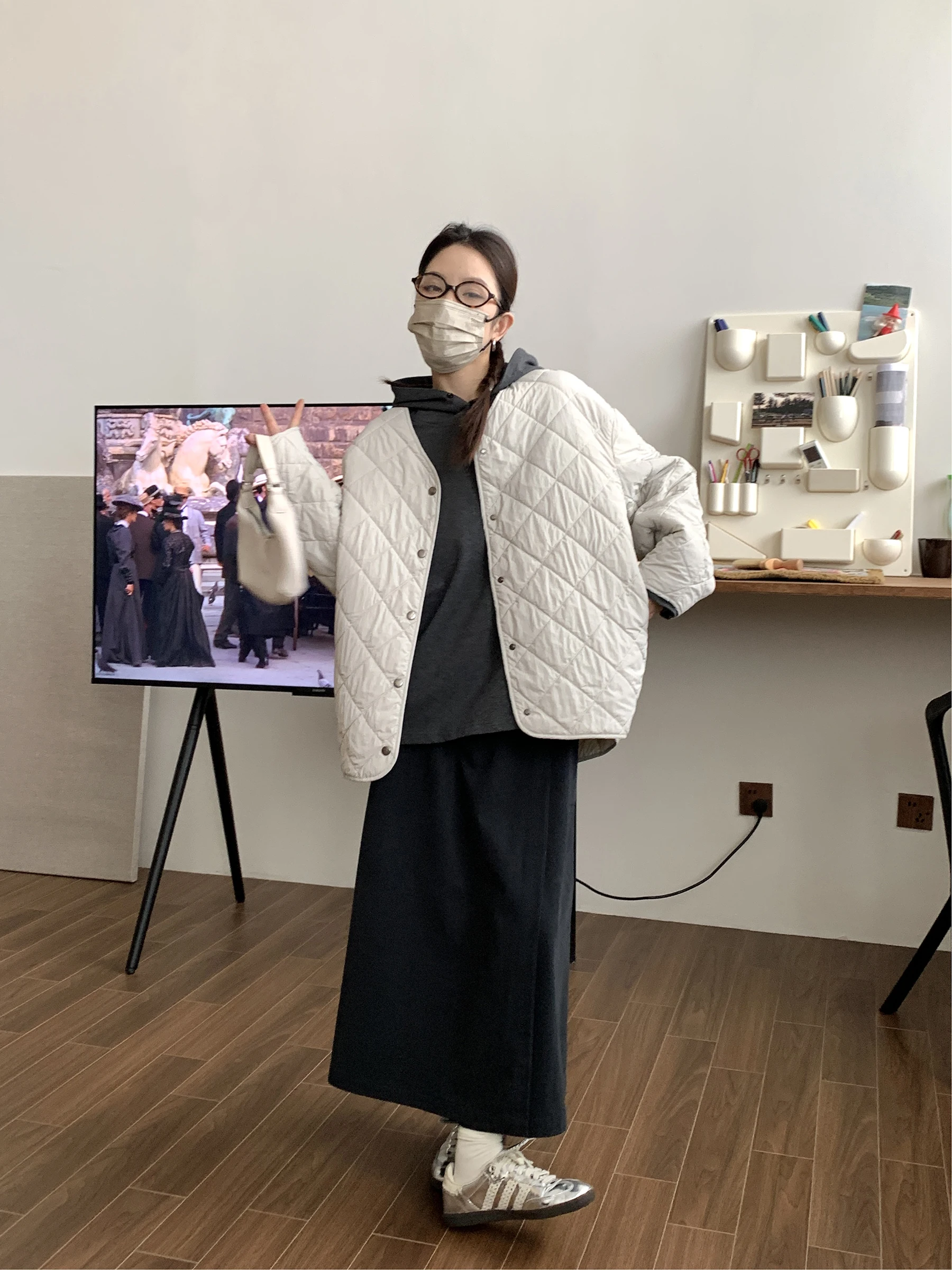 

NIZONDAYS Winter New Casual Lightweight Wool Cotton Lattice Women's Jaet Inner Cotton Coat Simple Daily Commute Sle