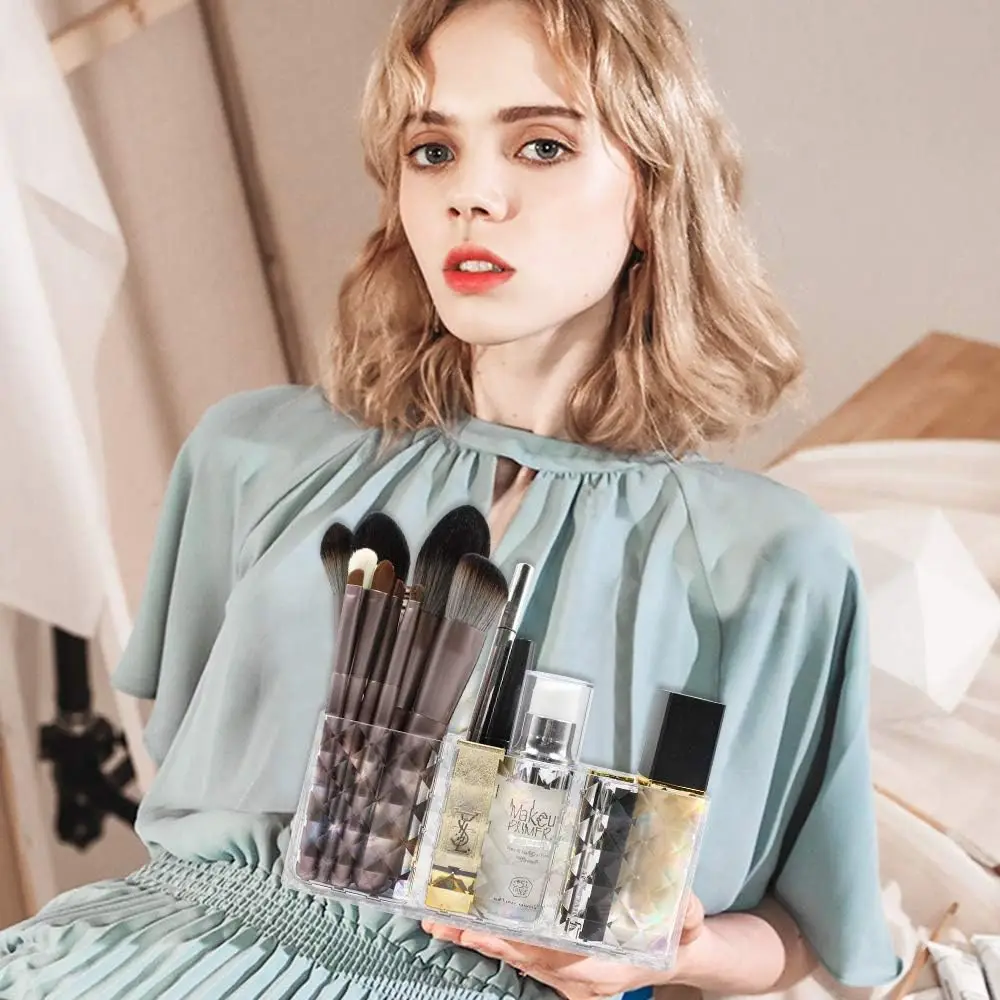 Organisateur cosmétique, porte-brosse de maquillage en cristal à 3 compartiments pour eye-liners, rouge à lèvres, mascara, rangement de maquillage en acrylique pour le bain