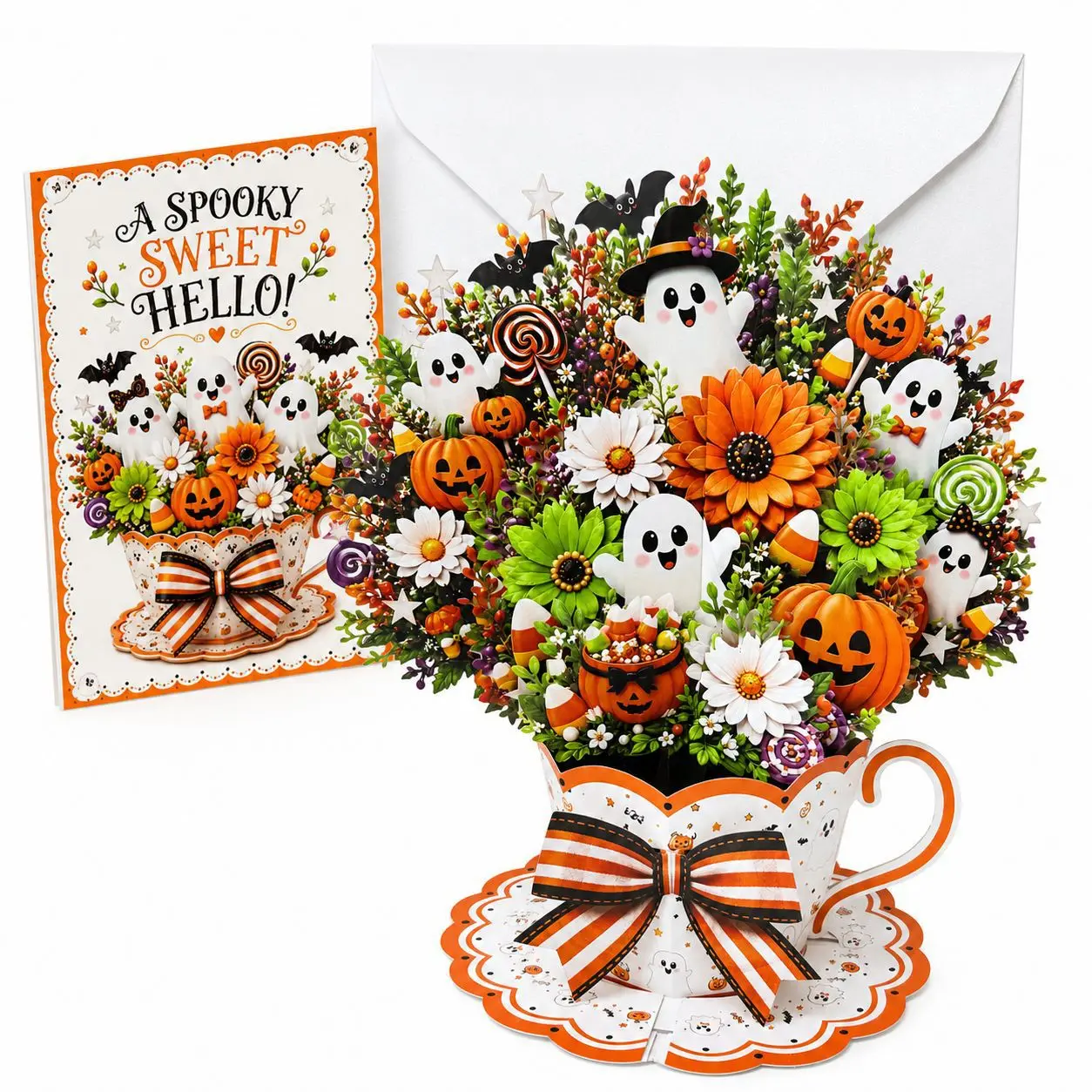 3D Pop Up Teacup Bouquet Greeting Card, Christmas/Halloween/General Holiday Paper Cut Oranment with Blank Note Card Envelope
