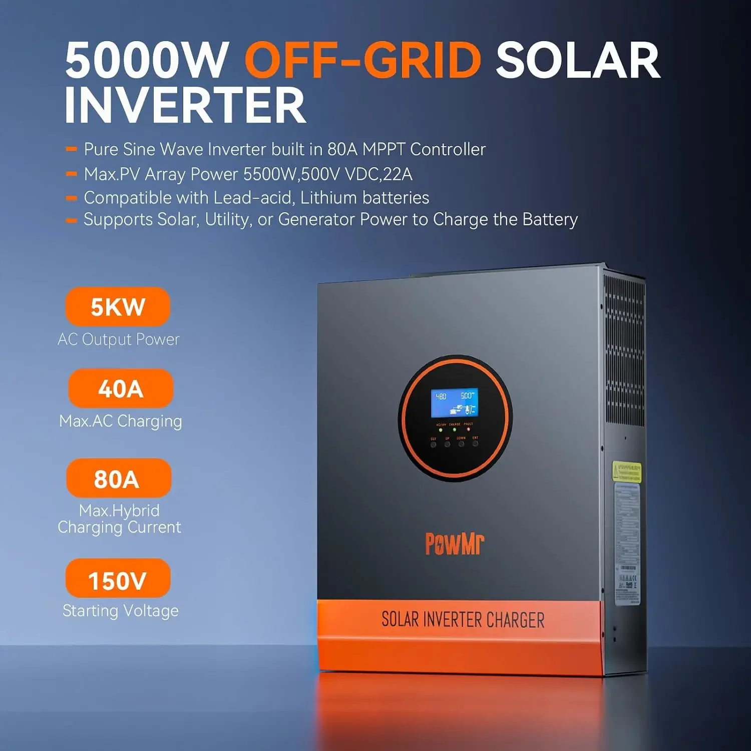 PowMr 5000W Hybrid Solar Inverter 48V To 110/120V AC, Pure Sine Wave Power Inverter 5KW, Built-in 80A MPPT Controller, Max.PV Input 5500W, 500V, 22A, Work for 48V Lead Acid, Lithium Batteries