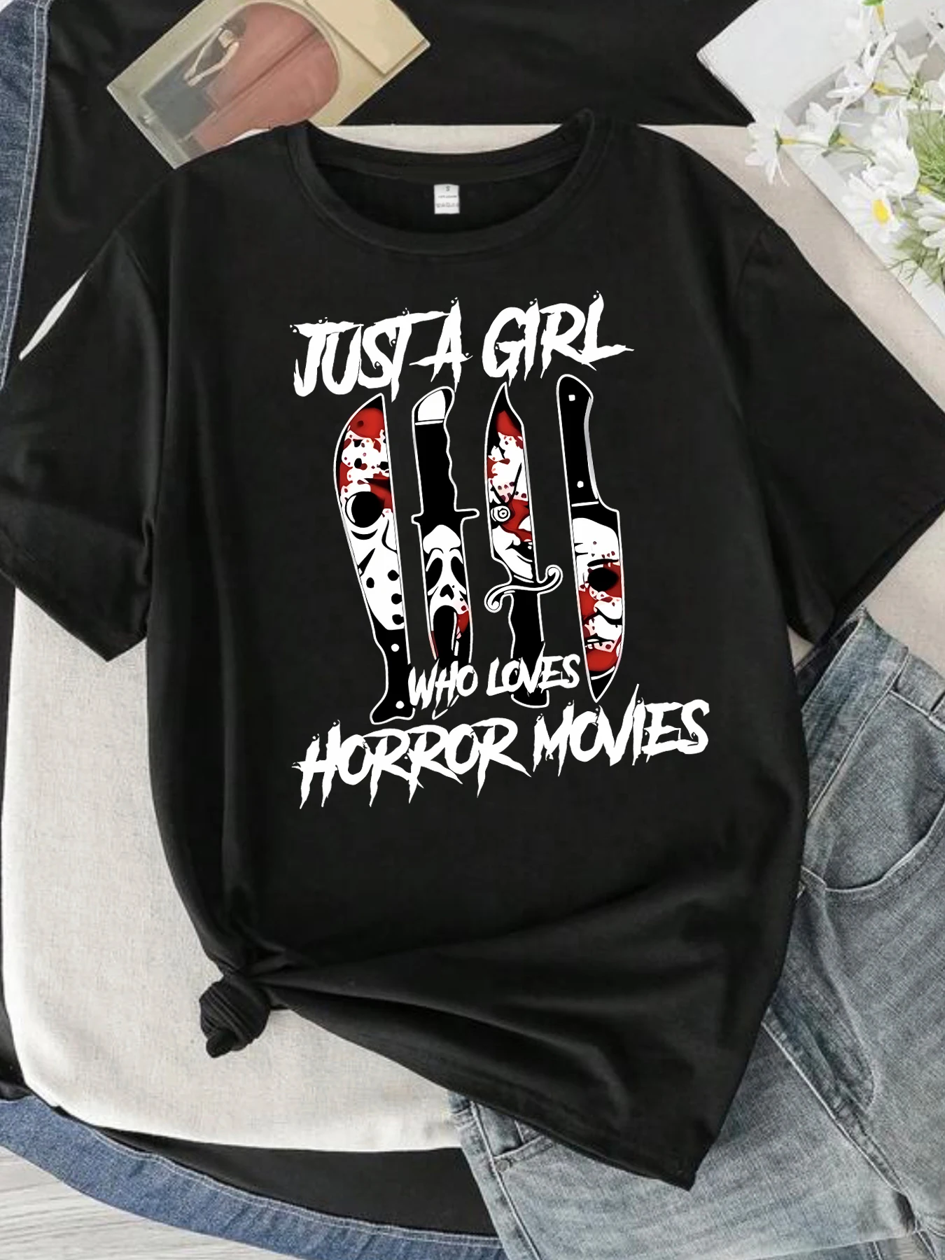 

Knife and letter pattern round neck plus size women T-shirt short sleeve trend printing elastic half sleeve T-shirt