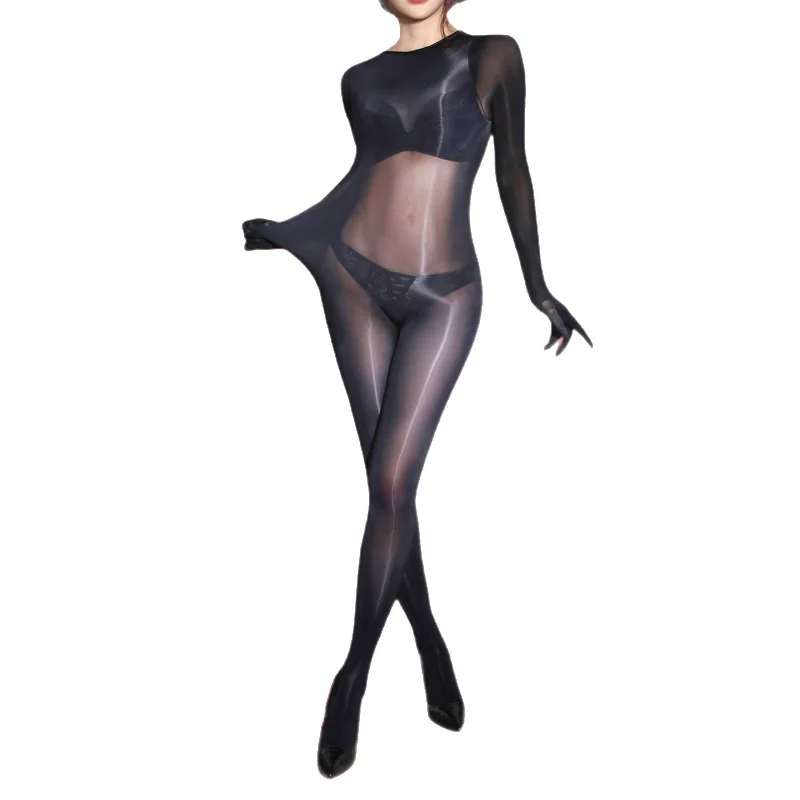 المرأة كامل الجسم جوارب طويلة مرونة جدا النفط لامعة لامعة الحرير بذلة مع خمسة أصابع شفافة الملابس الداخلية الملابس الداخلية الغريبة #6