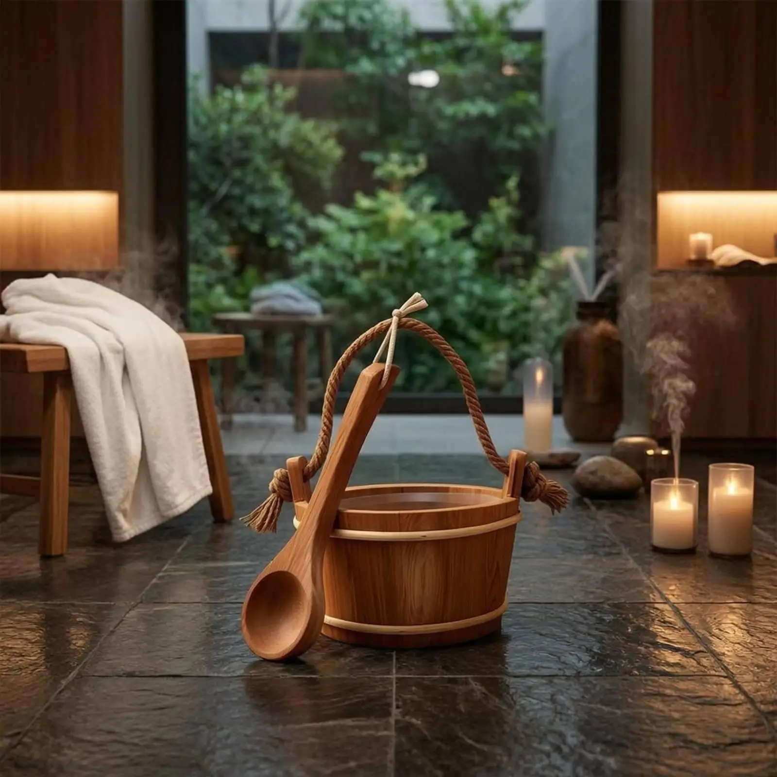 Sauna Pail and Ladle Set Round Shape Wooden Pail and Ladle Kit Rustic Design