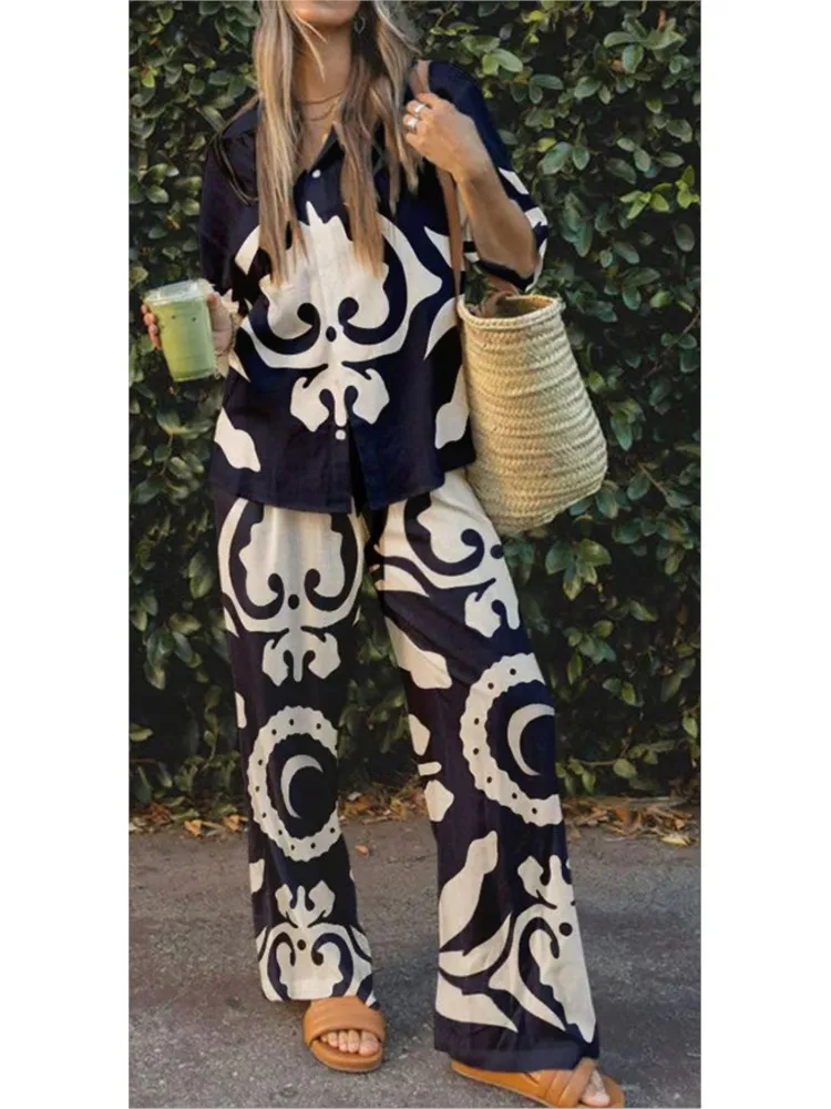 

Fashion 3D Digital Printed Four Sided Elastic Women's Spring Autumn Style Long Sleeved Shirt+wide Leg Casual Pants Two-piece Set