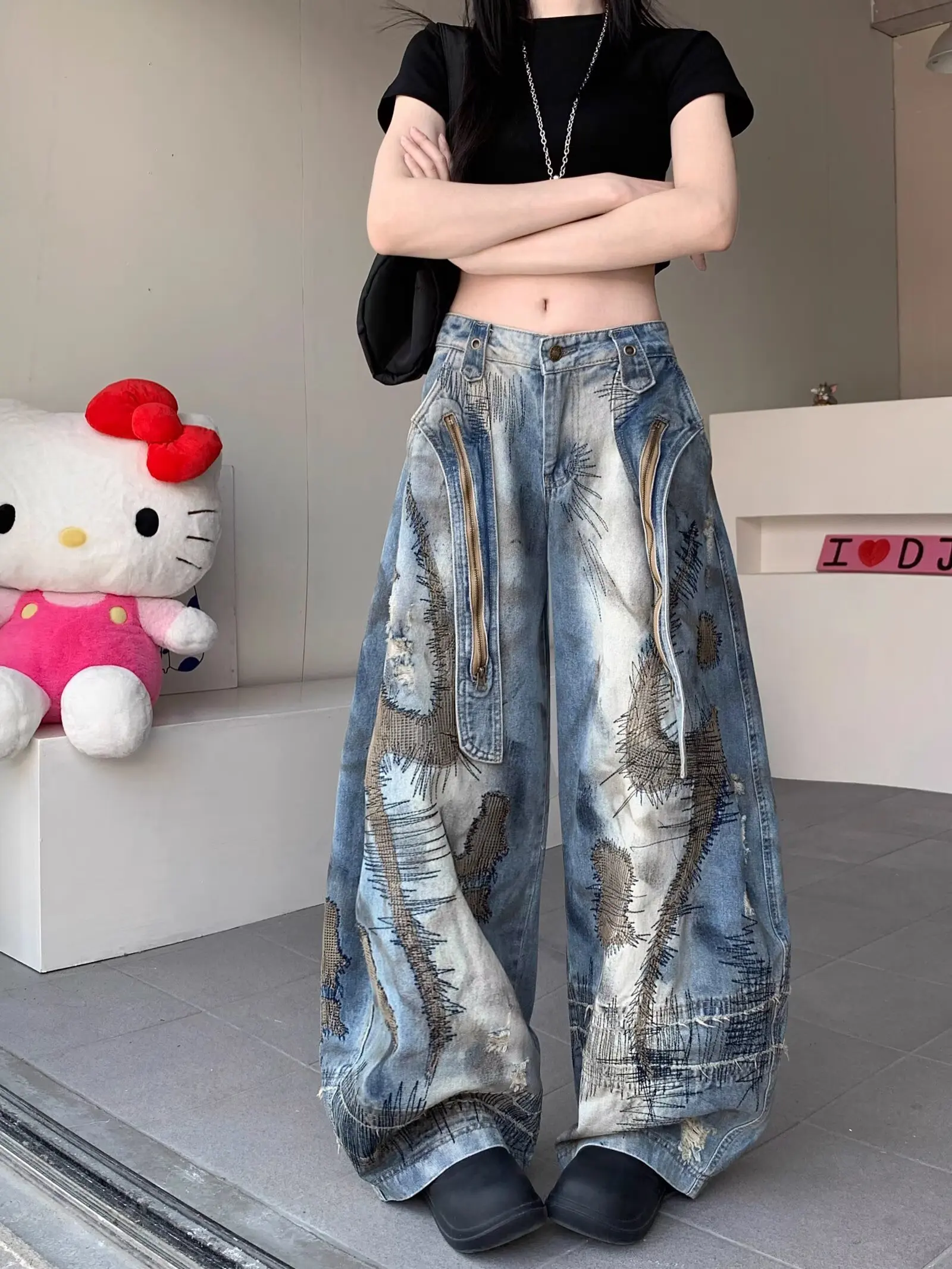 

American Street Destruction Style Embroidered Denim Pants Oversized Retro Wash Personality Fashion Loose Casual Wide Leg Jeans