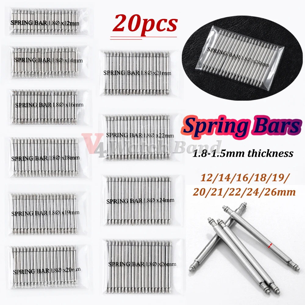 20PCS Dia 1.5mm 1.8mm Spring Bars Strap Link Pins Fits 12mm 14mm 16mm 18mm 19mm 20mm 21mm 22mm 24mm 26mm Watch Band Links Bars