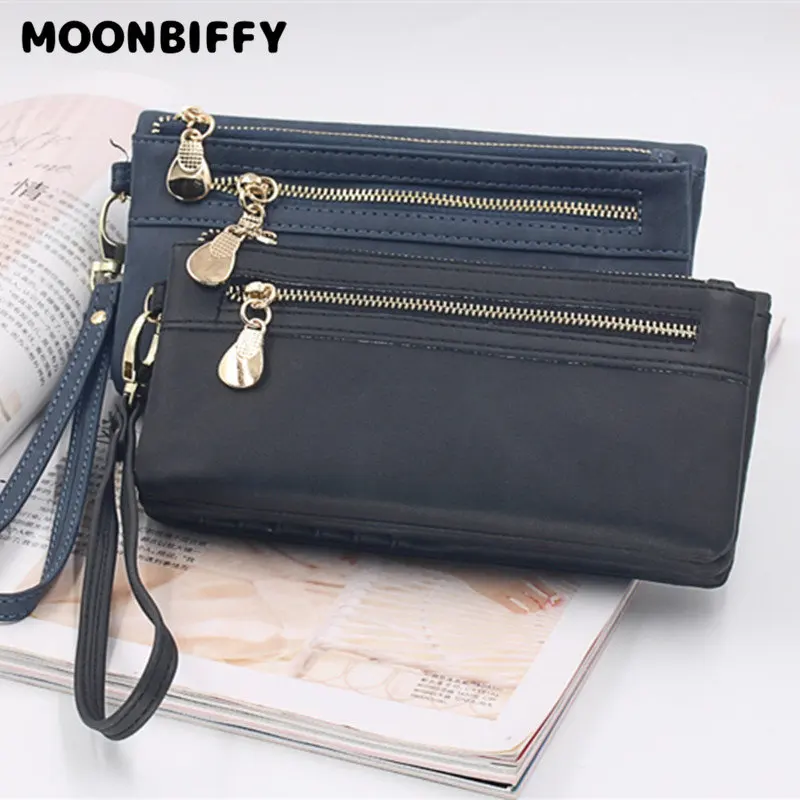 2023 New Vintage Frosted Double Zipper Long Wallet Large Capacity Women Folding Mobile Bag Women Wallet