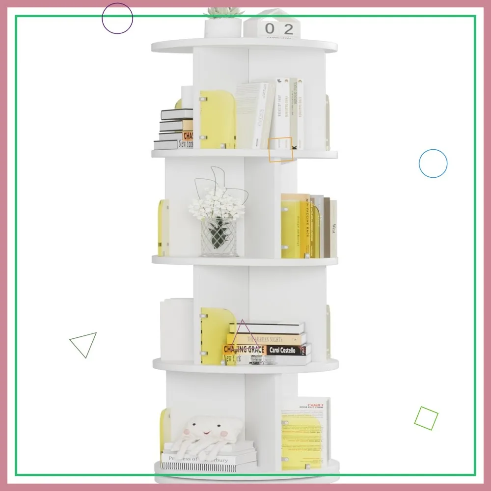 360° Rotating Bookshelf Tower, Round Stackable Storage Display Rack Floor Standing for Kids & Adults Solid Wood, White