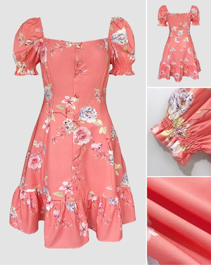 

Womens Dresses New Floral Print Square Neck Puff Sleeve Button Front Midi Dress Casual Cinched Waist Ruffle Hem A Line Dress