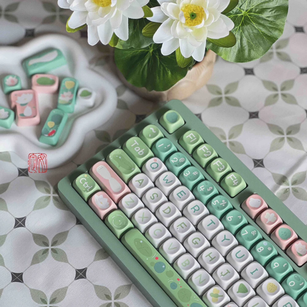 Imagem -03 - Moa Green Lotus Keycap Boa Sorte Lotus Theme Pbt Altura Teclado Mecânico Bonito Personalizado Sublimação Branco