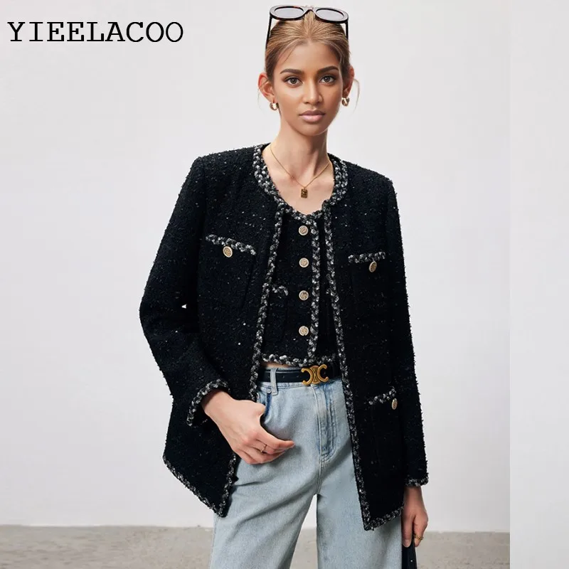 

Black Tweed Jacket one-piece spring / autumn women's coat jacket ladies small fragrant wind jacket