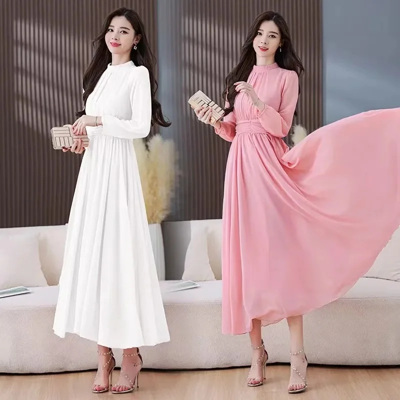 Elegantes Boho-Damenkleid mit O-Ausschnitt, schmaler elastischer Taille, A-Linie, Midikleid, Batswing, langärmelig, lässig, Urlaub, Büro, Damen-Vintage-Kleid