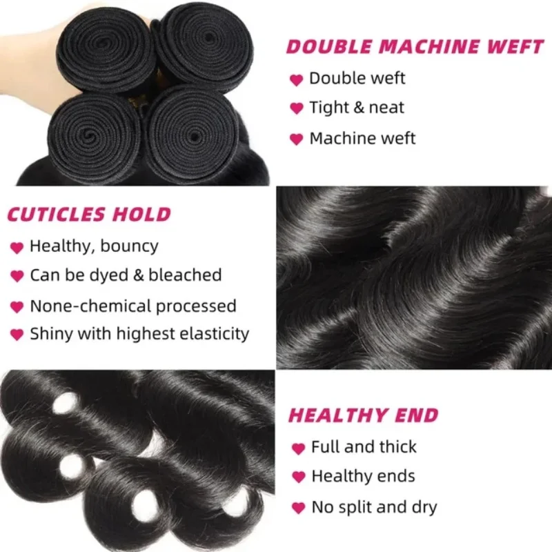 Paquetes de cabello humano body wave de 42 pulgadas, negro natural, brasileño virgen, 12A sin procesar, extensiones reales 2