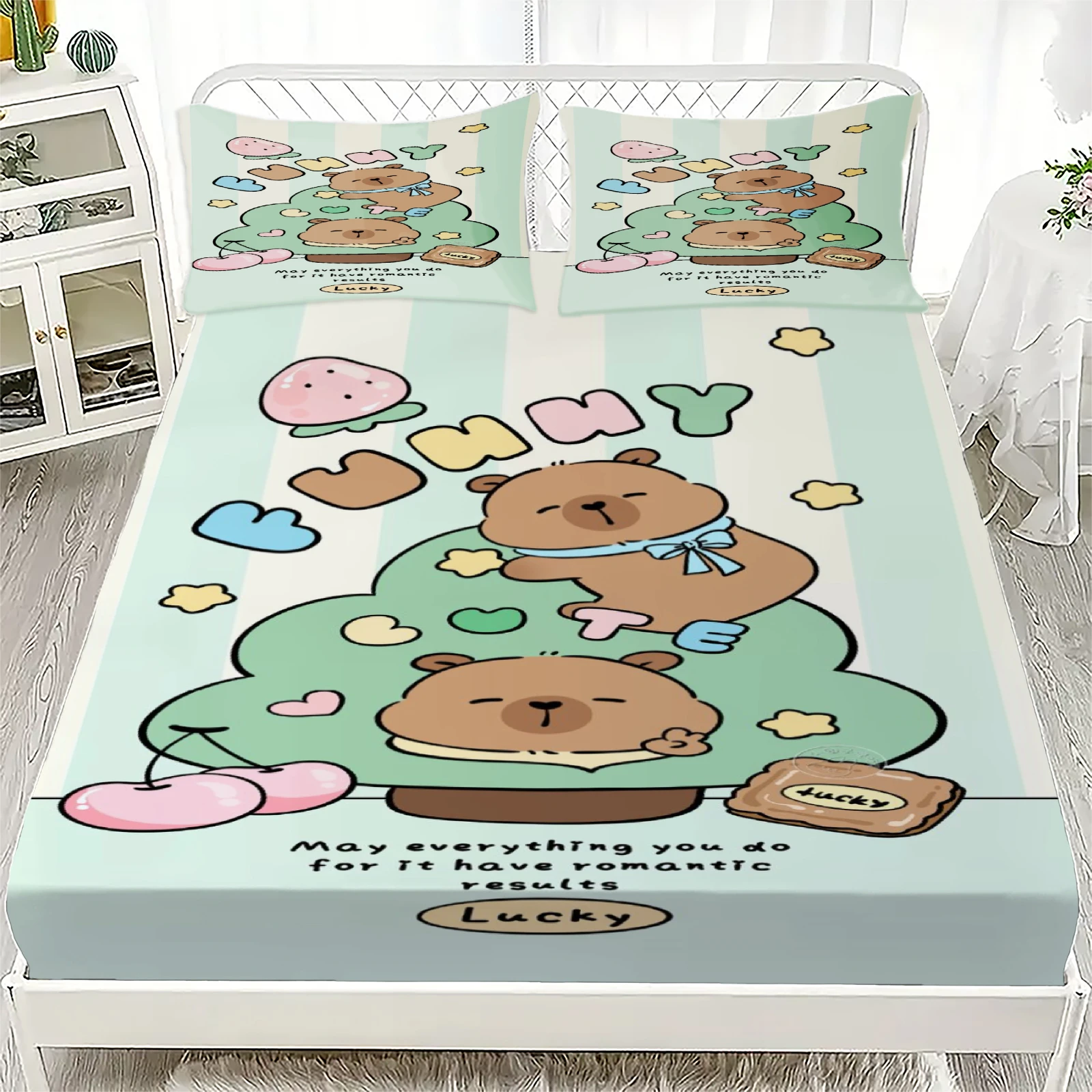 1pc Lovely Capybara Fitted Sheet 3D Print 100%Polyester Sheet Durable Machine Washable for Home Bedding Decoration NO Pillowcase