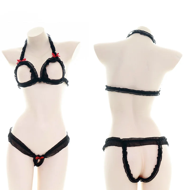 Japanese Sexy Lingerie Lolita Kawaii Hollow Out Mini Bikini Adult Cosplay Erotic Costumes Bra Women Underwear Panty Set