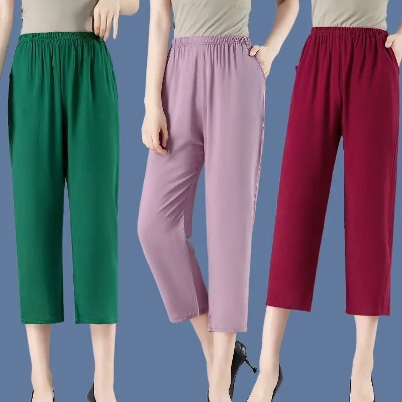 

2024 Summer Women Casual Thin Capri Pants Fashion Hight Elastic Waist Straight Leg Pants For Middle-aged Mothers