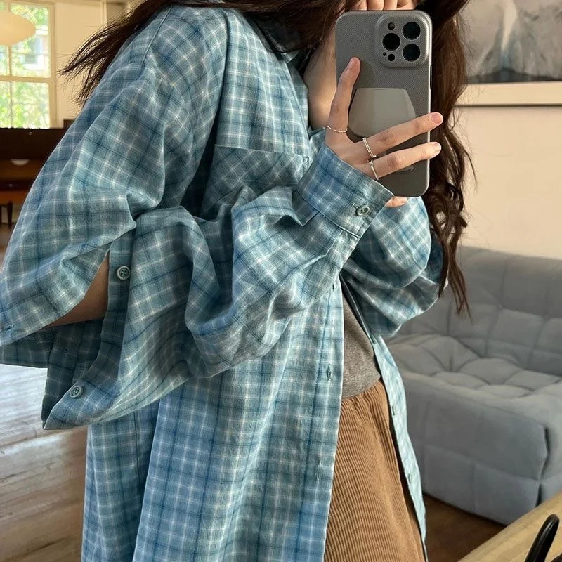 QWEEK Plaid Frauen Hemd Vintage Langarm Koreanischen Stil Abnehmbare Übergroßen Casual Harajuku Herbst Kleidung 2024 Japanischen