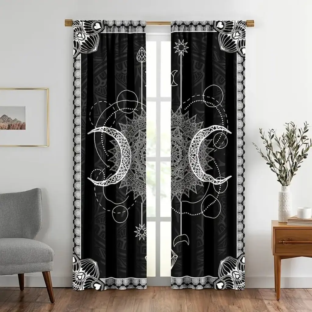 2pcs Boho Mandala Curtains - Ethnic Vintage Patterned Window Drapes for Bedroom and Living Room - Rod Pocket Design for Home