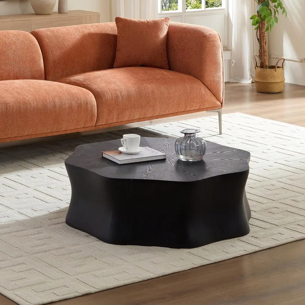 

Black Petal Coffee Table Fiberglass Wood Grain Veneer Watercolor Finish Elegant Living Room Accent Table 35.4 Inch Round