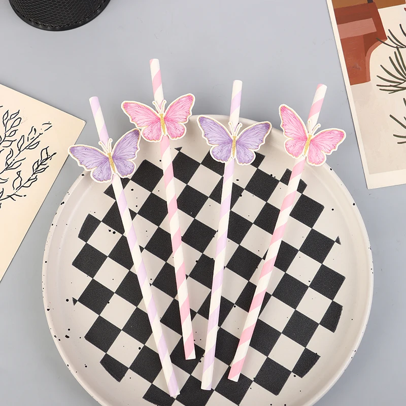 6pcs Butterfly Striped Paper Straw Wedding Birthday Party Decorations Kids Baby Shower Girls 1st Birthday Party Supplies