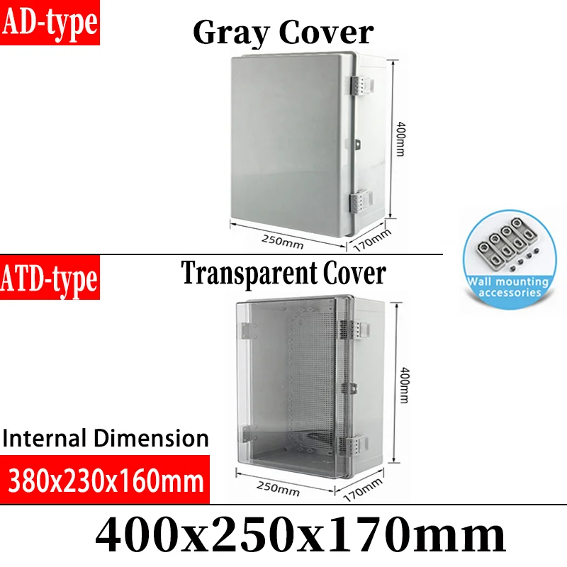 

Outdoor exposed plastic distribution box, 400*250*170mm, with grey cover or transparent cover as option, IP67 waterproof