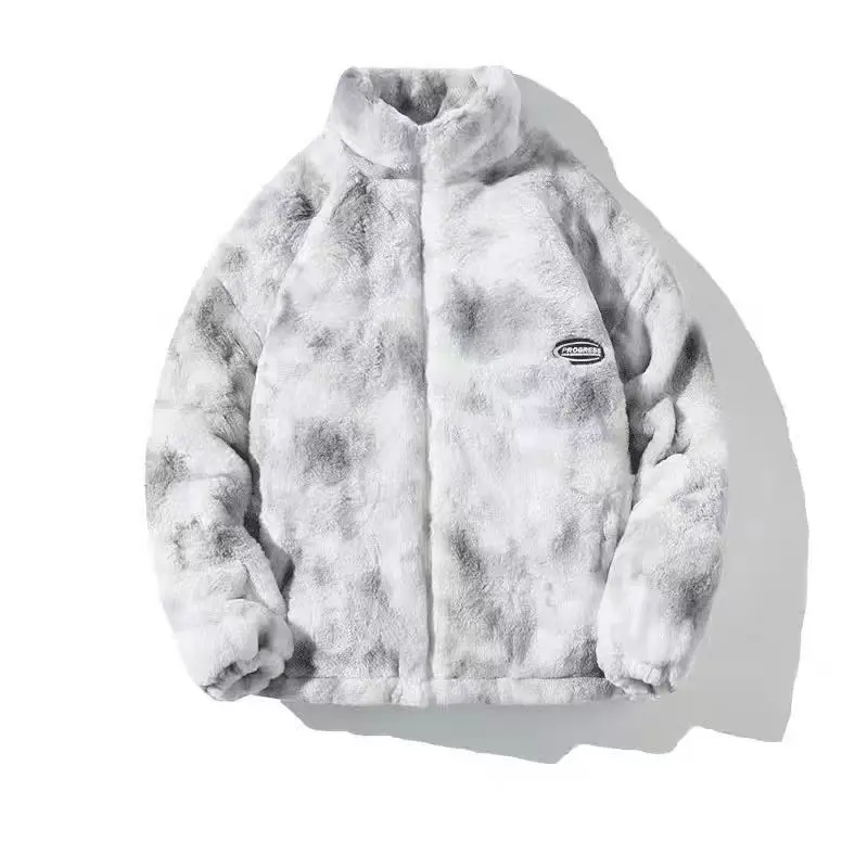 Spring and Autumn Winter Tie Dyeing Simple Plush Thick Stand Collar Loose Casual Couple Cotton Jacket Coat