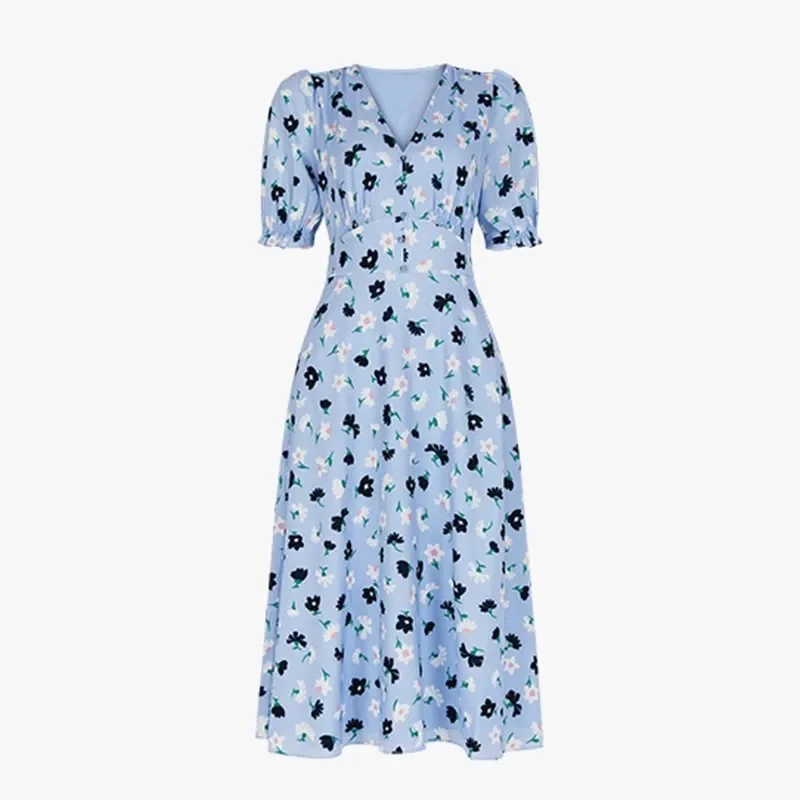 

Women Bubble Sleeve A-line Dress for Summer Female Blue Floral V-neck Slim Fit Dresses