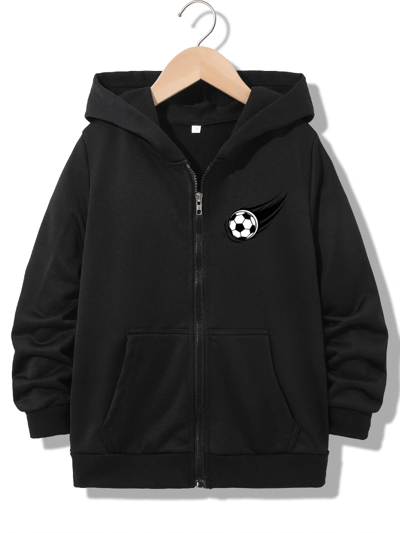 Jaqueta com capuz com estampa de futebol – Casaco esportivo casual com zíper frontal e lavável de futebol para atividades ao ar livre de primavera/outono